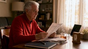 Elderly man reviewing Medicare bills at table