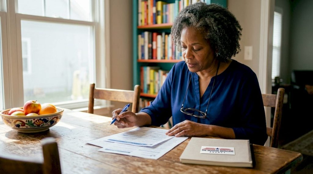 Disabled woman reviewing Medicare documents at home