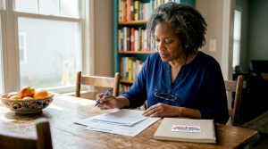Disabled woman reviewing Medicare documents at home