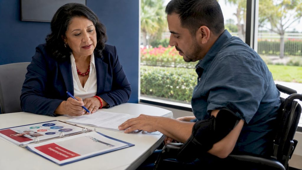 Medicare agent helping disabled man with paperwork
