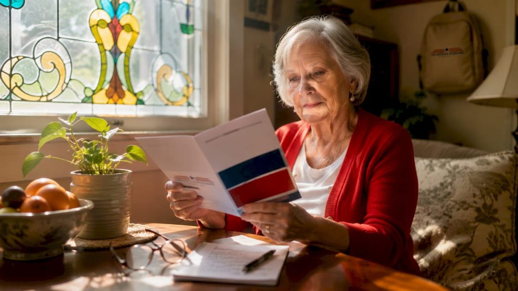 Senior woman reviewing Medicare brochure at home