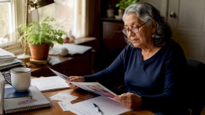 Elderly woman reviewing Medicare plan documents