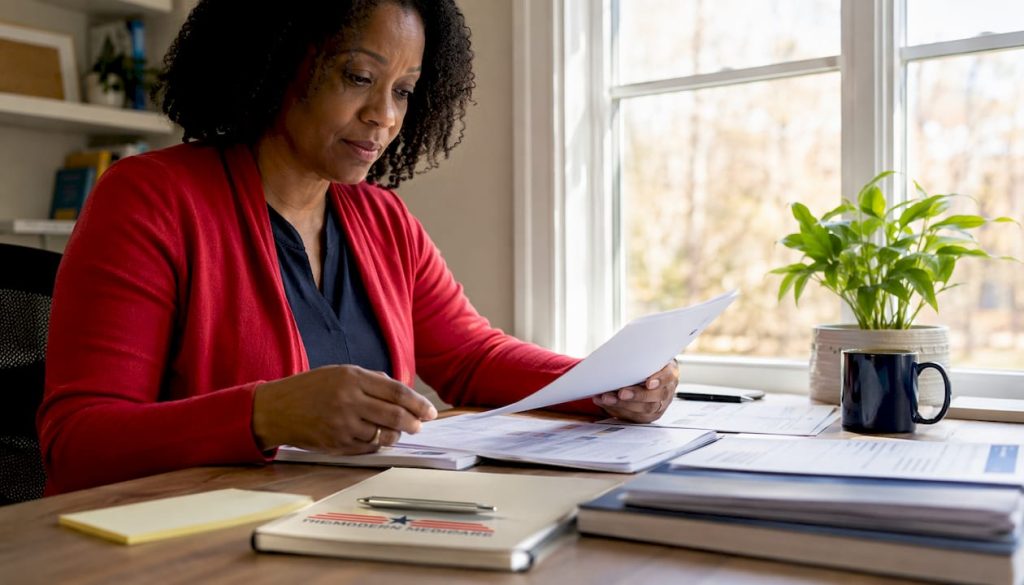 Woman reviewing Medicare and employer coverage paperwork