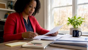 Woman reviewing Medicare and employer coverage paperwork