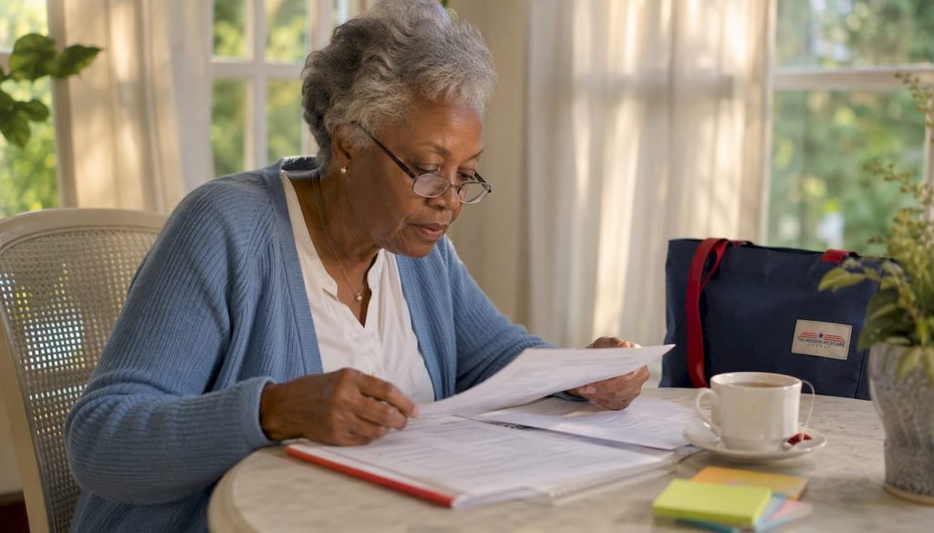 Senior woman reviewing Medicare documents at kitchen table