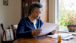 Woman reviewing Medicare paperwork at kitchen table