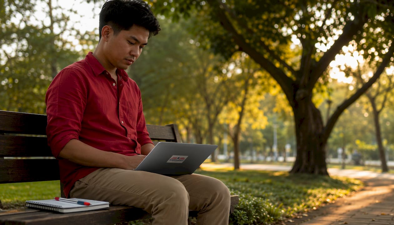 Man contemplating Medicare enrollment at library computer