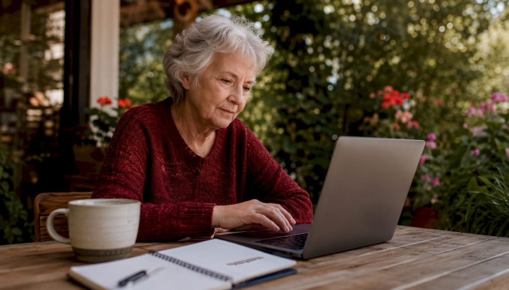 Senior woman enrolling in Medicare online at home