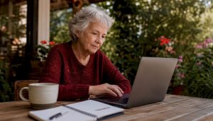 Senior woman enrolling in Medicare online at home