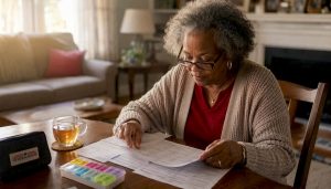 Elderly woman reviewing Medicare drug documents