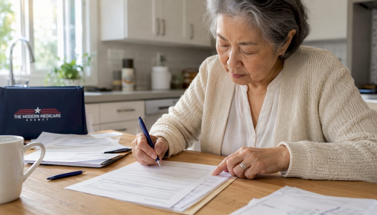 Senior woman signing Medicare exception form