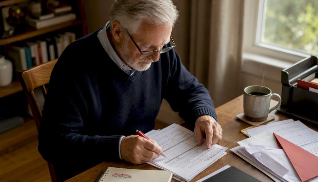Senior man reviewing Medicare paperwork at kitchen table
