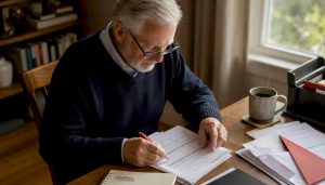Senior man reviewing Medicare paperwork at kitchen table