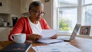 Senior woman reviewing Medicare and employer insurance paperwork