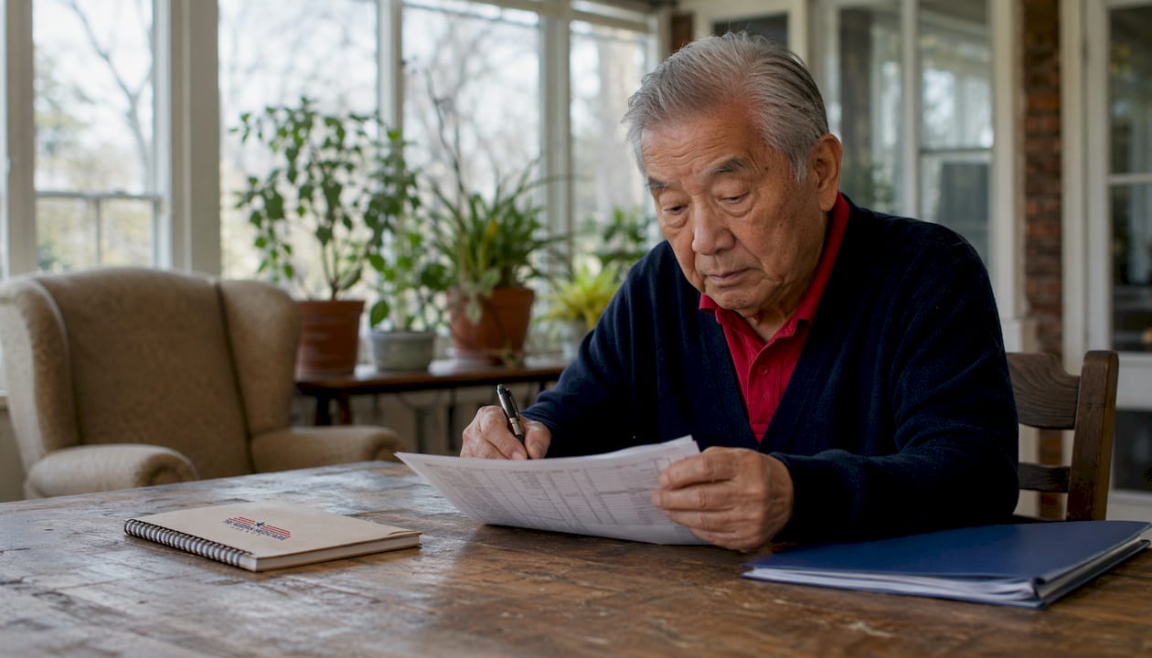 Close-up of elderly man reviewing Medicare enrollment form