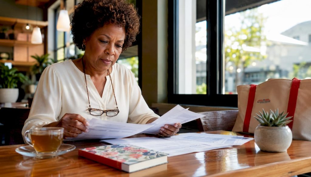 Woman reviewing Medicare and employer insurance documents