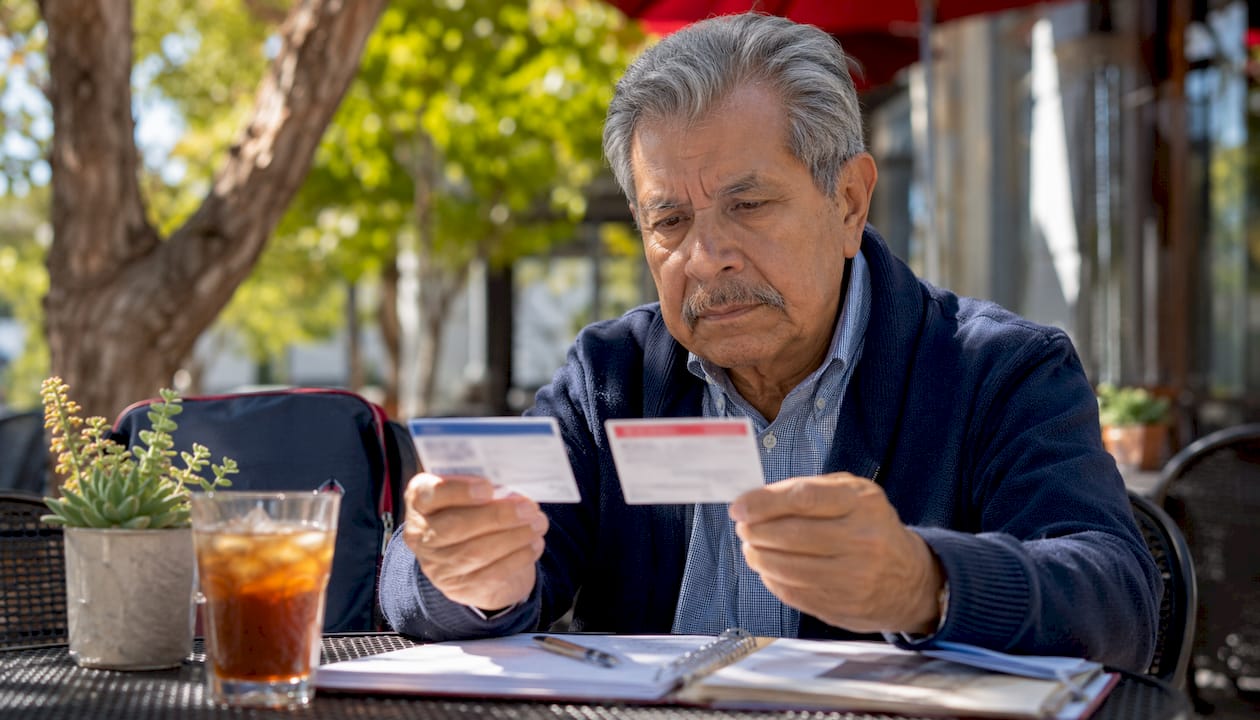 Hands holding Medicare and employer insurance cards