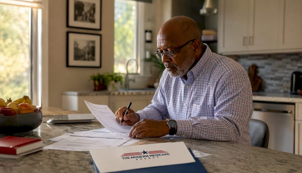 Senior man reviewing Medicare forms at desk