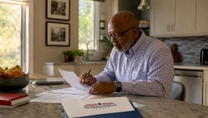 Senior man reviewing Medicare forms at desk