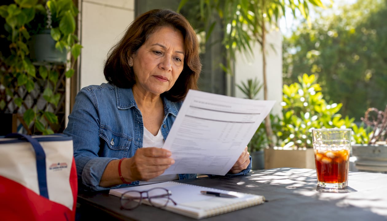 Woman reviewing Social Security benefits at kitchen table
