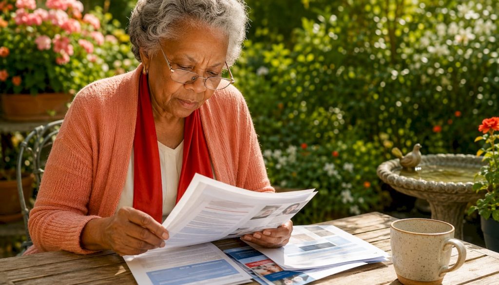 Senior woman reading Medicare assistance pamphlets