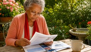 Senior woman reading Medicare assistance pamphlets