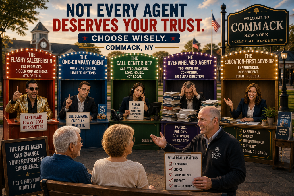 A cinematic illustration of a retired couple in Commack, NY comparing different types of Medicare agents, with an experienced independent Medicare advisor explaining what to look for while several contrasting agent booths highlight the importance of knowledge, choice, and personalized guidance.