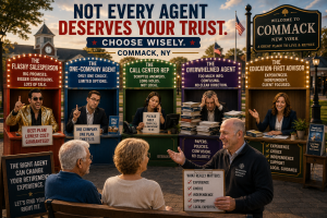 A cinematic illustration of a retired couple in Commack, NY comparing different types of Medicare agents, with an experienced independent Medicare advisor explaining what to look for while several contrasting agent booths highlight the importance of knowledge, choice, and personalized guidance.
