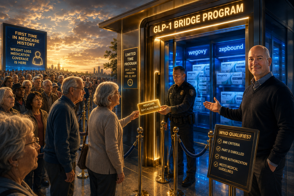 A cinematic illustration of the Medicare GLP-1 Bridge Program shows seniors waiting at a futuristic Medicare checkpoint while an older couple receives a glowing Medicare GLP-1 access pass. Paul Barrett stands beside the entrance explaining eligibility requirements as illuminated Wegovy and Zepbound medication displays are visible behind the security gate.