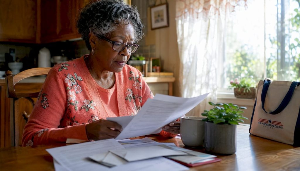 Senior woman reviewing Medicare plans at home
