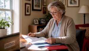Senior woman reviewing Medicare insurance papers
