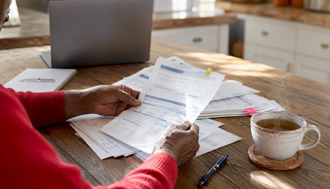 Hands calculating Medicare premiums and costs