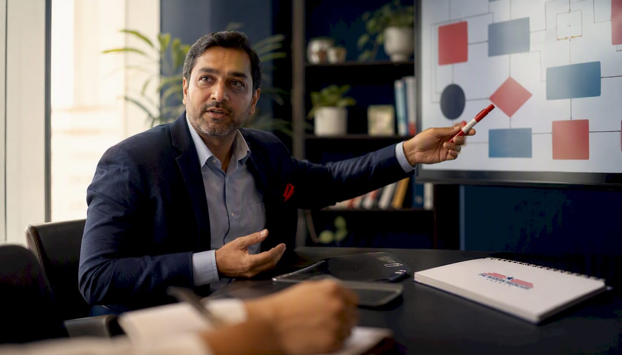 Man explaining hospital insurance coverage in office