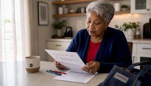 Elderly woman reviewing Medicare SELECT brochure at home