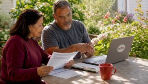 Couple reviewing Medicare and group health insurance paperwork