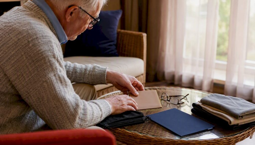 Senior traveler arranging travel documents