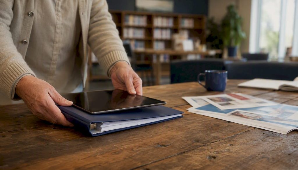 Hands placing Medicare seminar materials on table