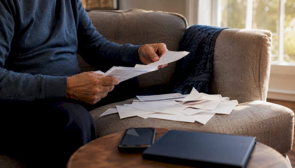 Senior hands sorting blank bills and receipts