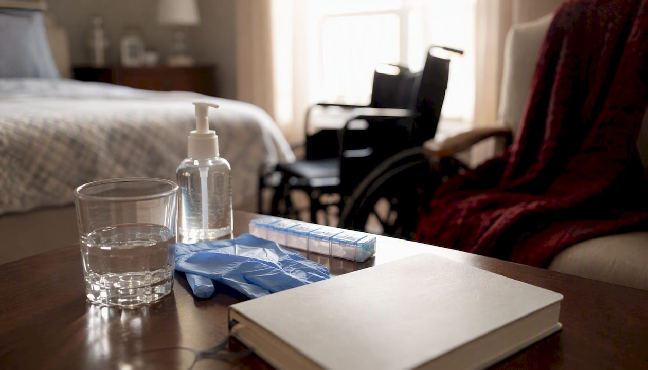 Caregiver supplies arranged on bedside table