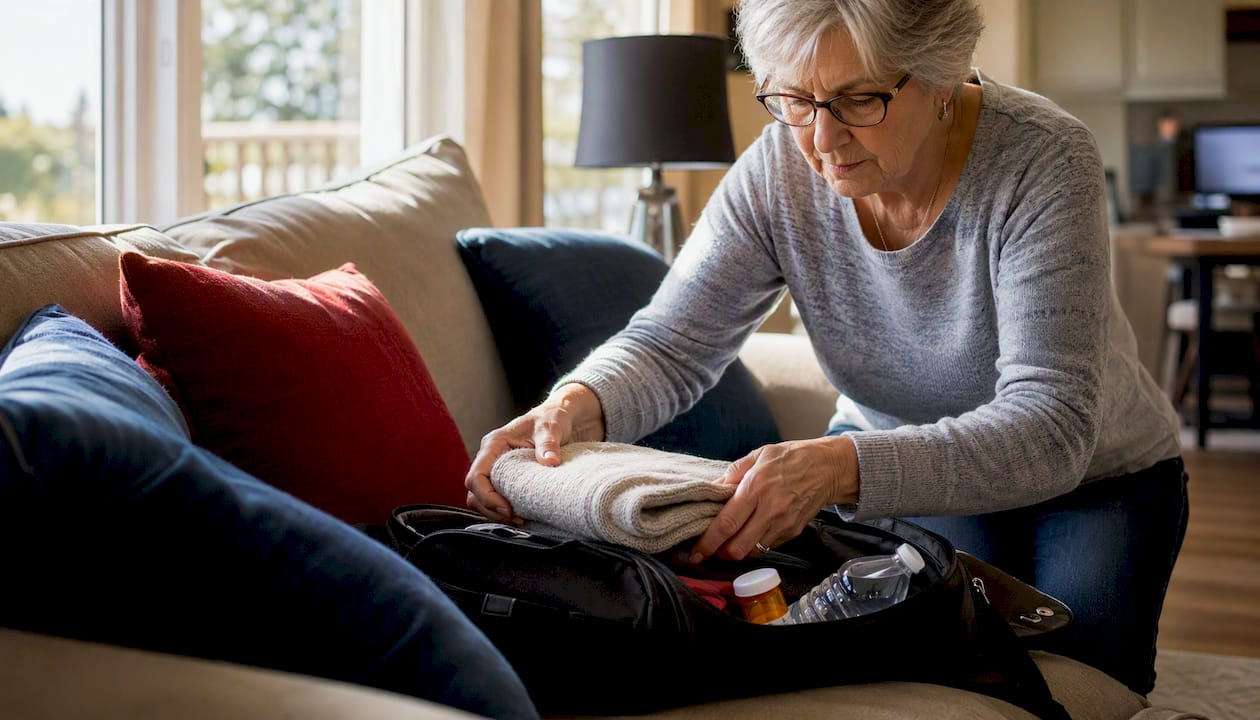 Hands packing travel bag with essentials