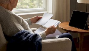 Hands sorting Medicare pamphlets on table