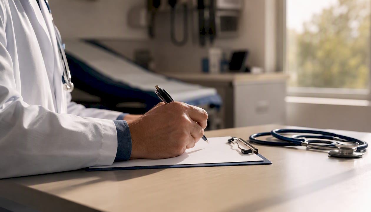 Doctor hand writing hospital admission form