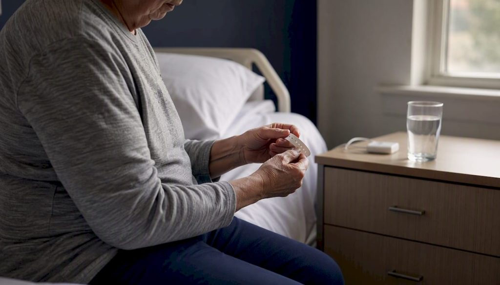 Senior hands holding hospital ID bracelet