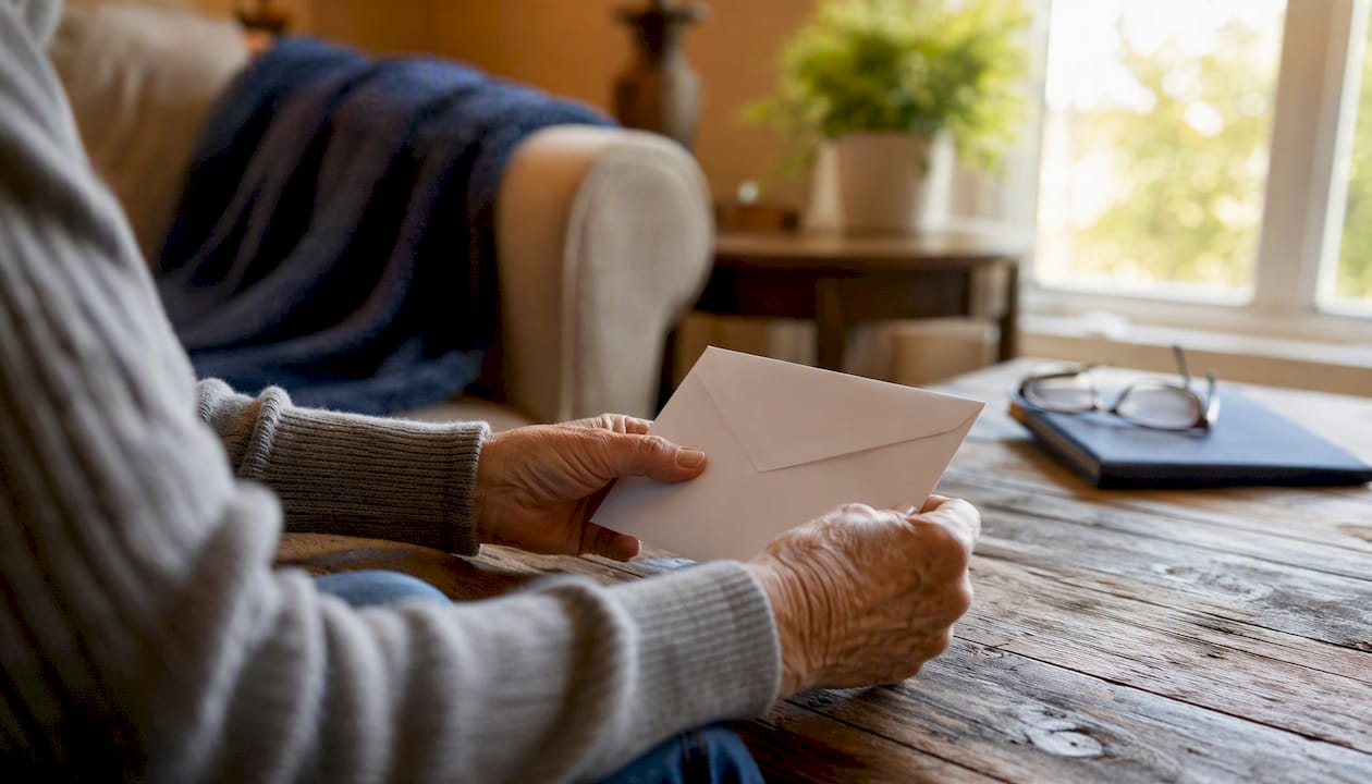 Senior holding medical referral envelope at home