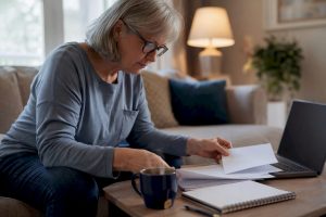 Person sorting Medicare documents at desk