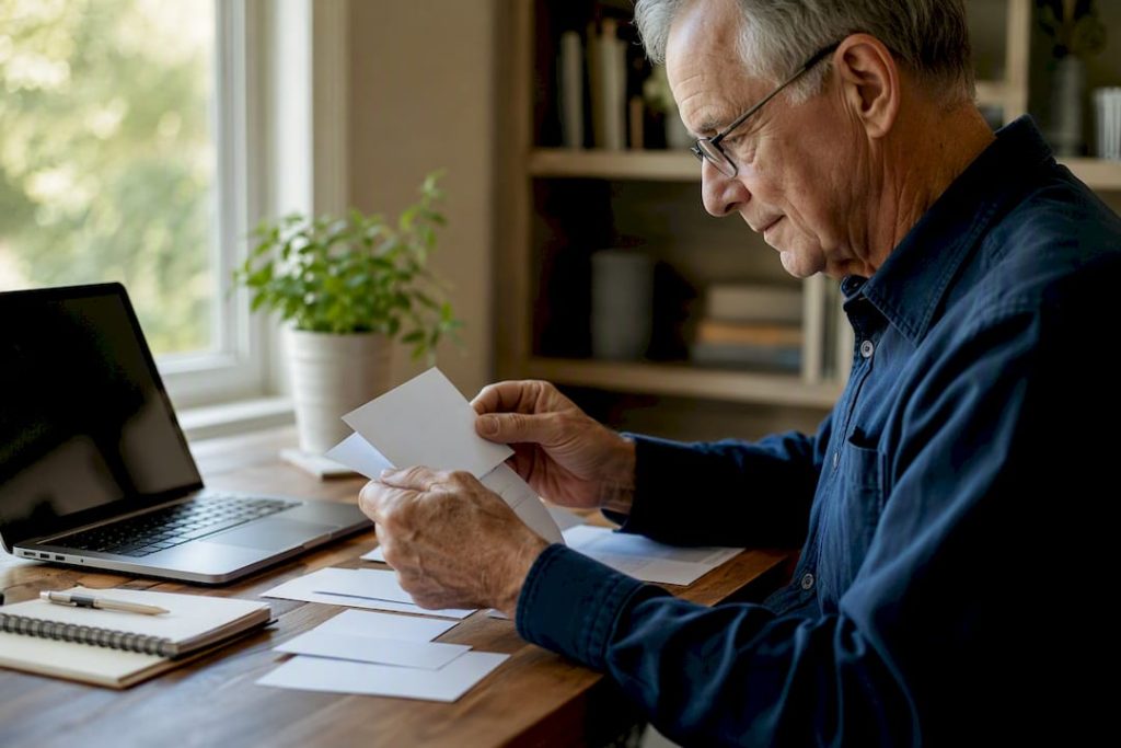 Senior managing hospital bills and insurance cards