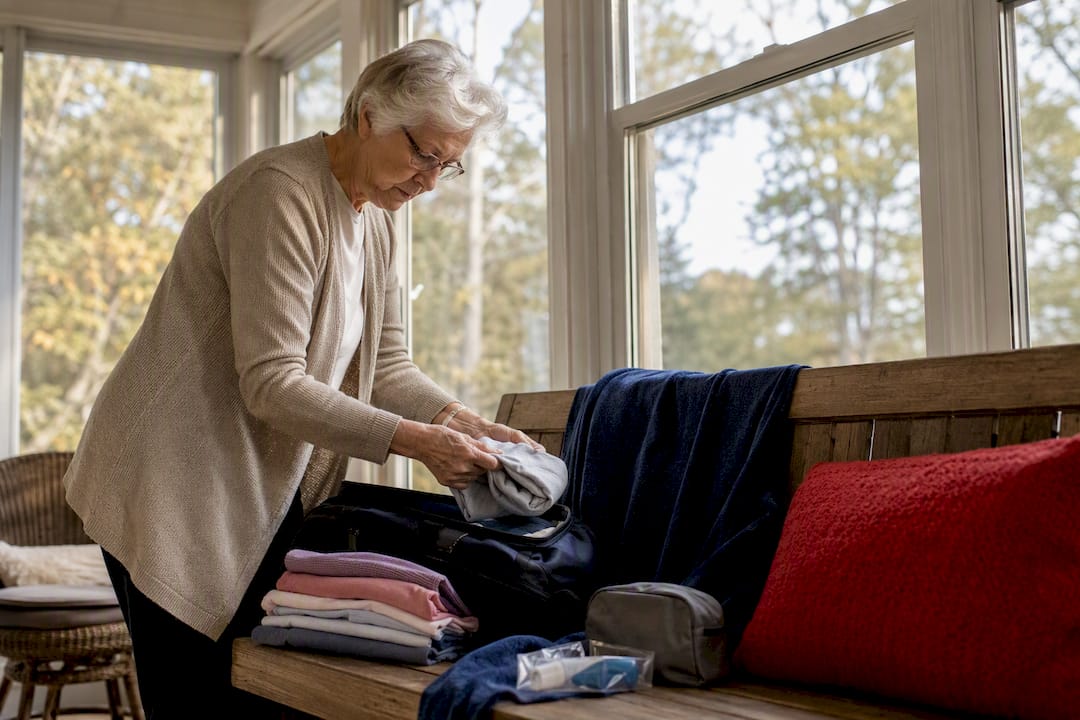 Senior packing hospital bag in bedroom