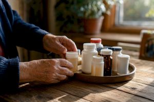 Hands holding prescription medication bottles