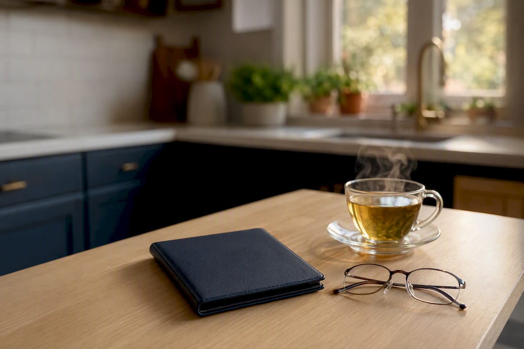 Medicare card holder on table with glasses and tea