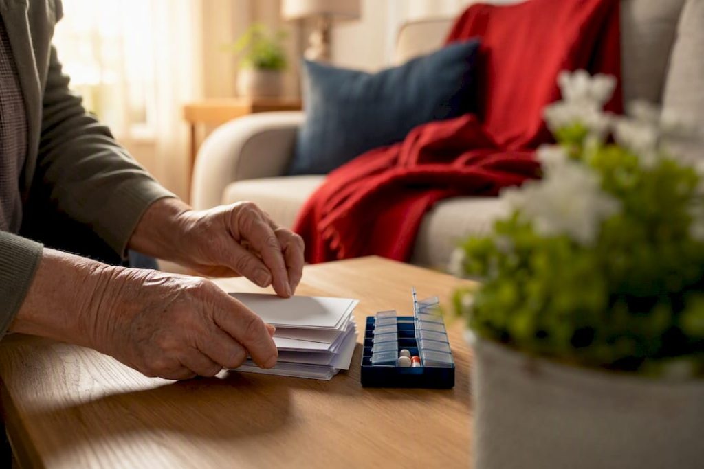 Hands sorting Medicare cards and pill organizer